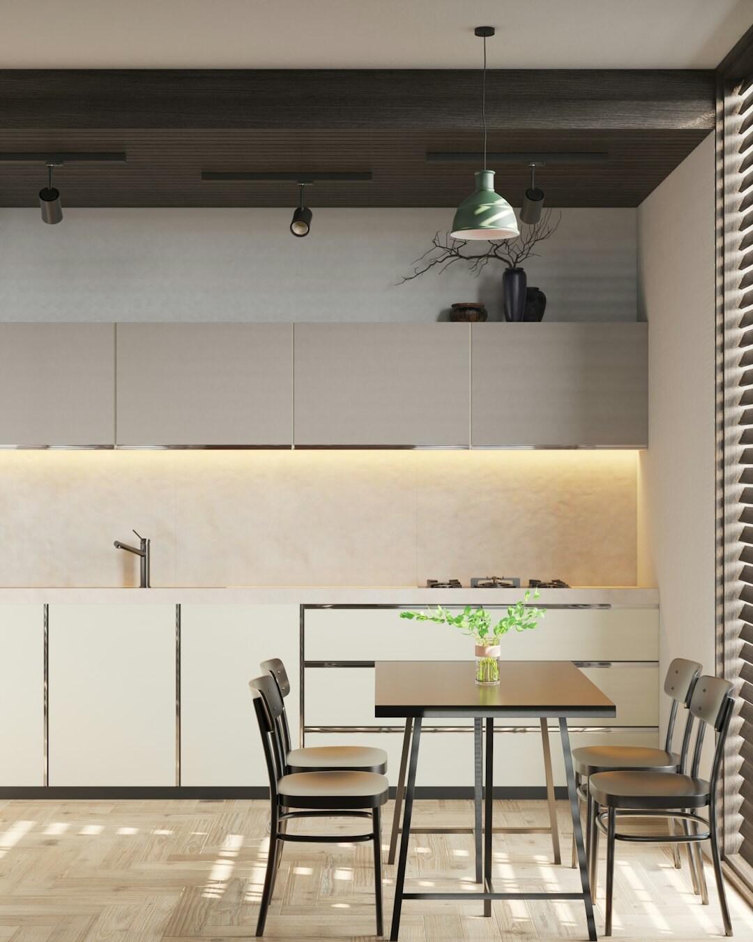 Bright modern Czech home kitchen with wooden countertop